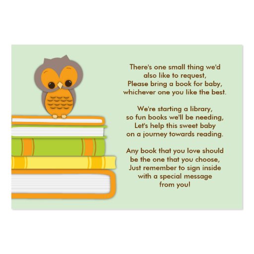 Orange Owl Baby Shower Book Insert Request Card Business Card (front side)