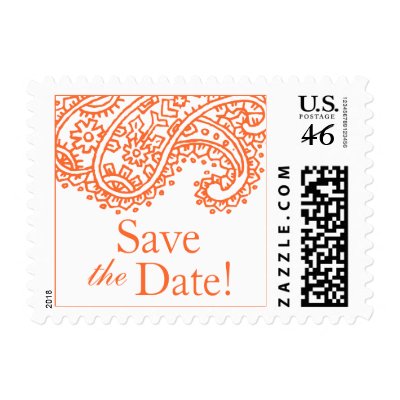 Orange Paisley Save the Date Postcard Stamps