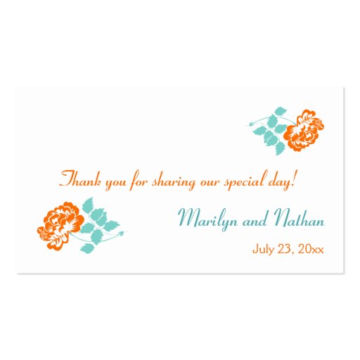 Orange Peony on White with Turquoise Favor Tag Business Card (front side)