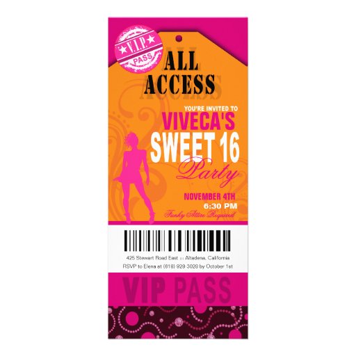 Orange, Pink and Fuschia VIP Sweet 16 Ticket Invitations