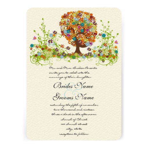 Orange Pink Aqua Swirled Flower Love Tree Wedding Invitations