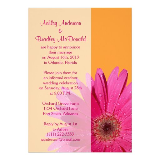 Orange Pink Gerbera Daisy Wedding Reception Only Custom Announcement