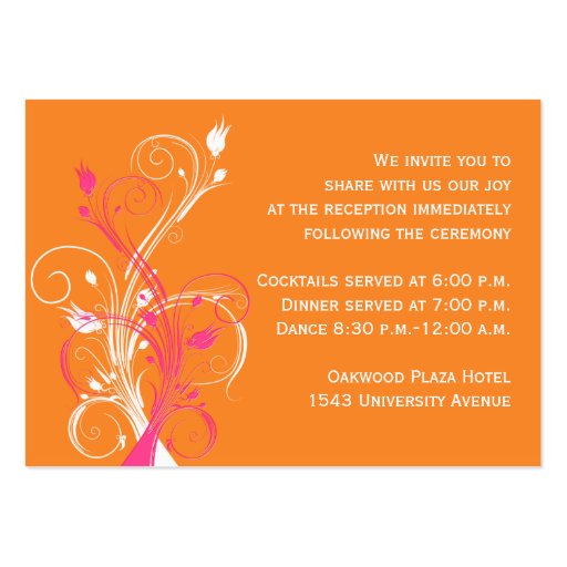 Orange Pink White Floral Reception Enclosure Card Business Card Template (back side)
