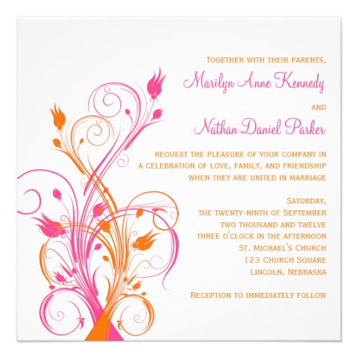 Orange Pink White Floral Square Wedding Invitation