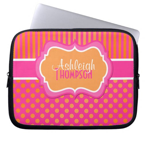 Orange Pink White Polka Dot Stripe Laptop Sleeve