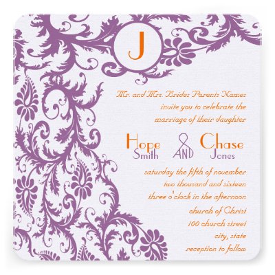 Orange Plum Damask Monogram Wedding Invitation