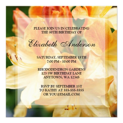 Orange Rhododendron Flowers 80th Birthday Party Invites (front side)