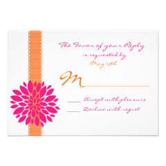 Orange Ribbon Pink Flower Wedding RSVP Reply Cards