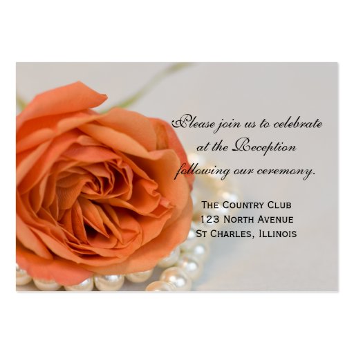 Orange Rose and Pearls Wedding Reception Card Business Card Template (front side)