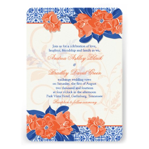 Orange Royal Blue Floral Wedding Invitation