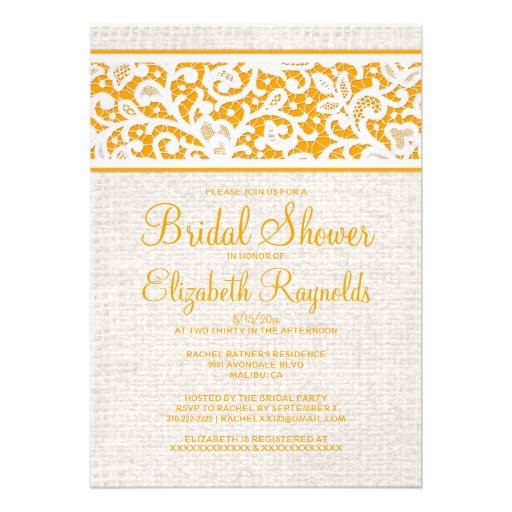 Orange Rustic Burlap Linen Bridal Shower Invites