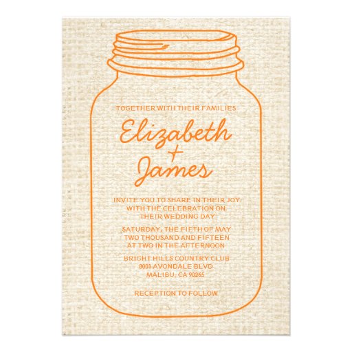 Orange Rustic Burlap Mason Jar Wedding Invitations