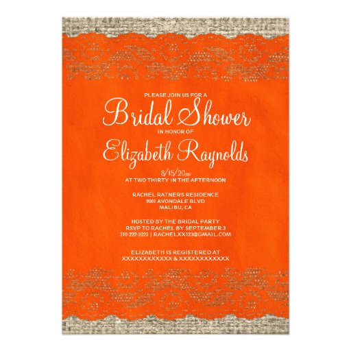 Orange Rustic Lace Bridal Shower Invitations