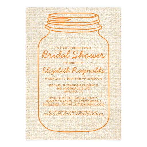 Orange Rustic Mason Jar Bridal Shower Invitations