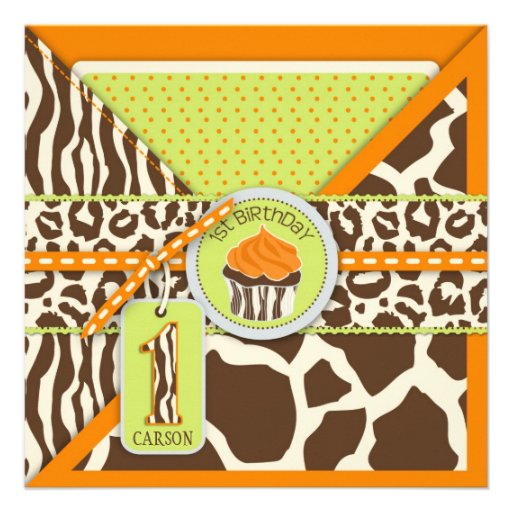 Orange Safari & Cupcake First Birthday Invites