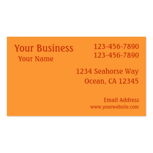 Orange Seahorse theme simple custom cards Business Card Templates (back side)