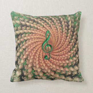 Orange Spiral Fractal with Green Music Clef Pillow