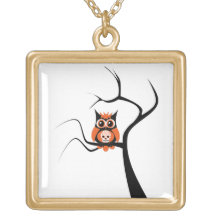Orange Sugar Skull Owl in Tree Necklace