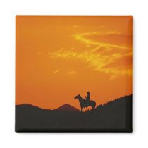 Orange Sunset with Cowboy Silhouette Fridge Magnet
