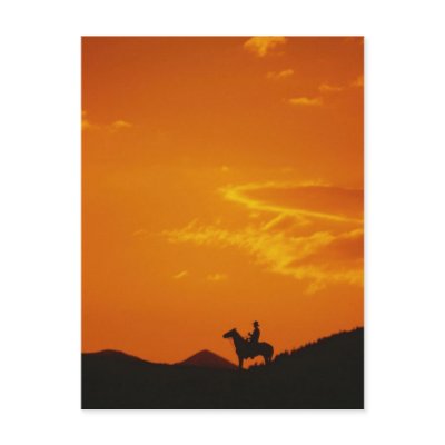 Orange Sunset with Cowboy Silhouette Post Card by HorseLoversGifts
