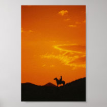 Orange Sunset with Cowboy Silhouette Posters