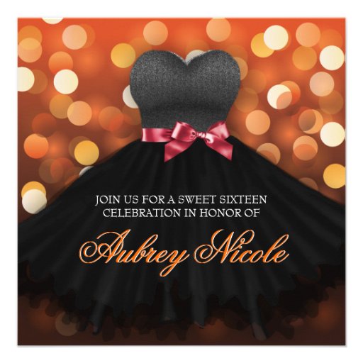 Orange Sweet Sixteen Black Dress Birthday Invite