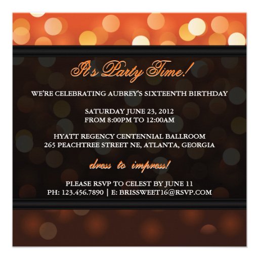 Orange Sweet Sixteen Black Dress Birthday Invite