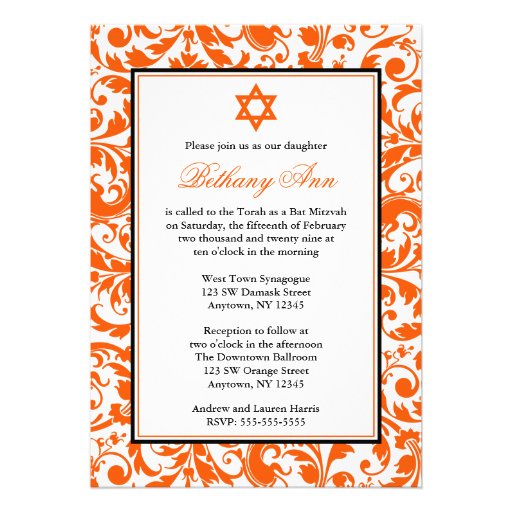 Orange Swirl Damask Bat Mitzvah Invitations
