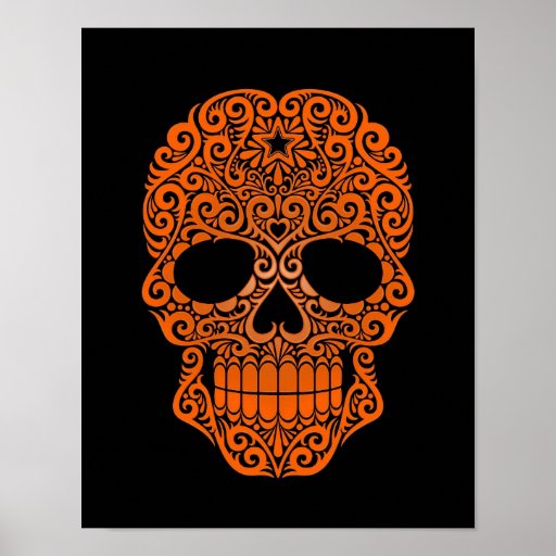 Orange Swirling Sugar Skull On Black Print Zazzle