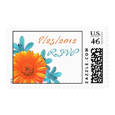 Orange Teal Summer Flower Wedding Postage Stamps by Platinum Papier