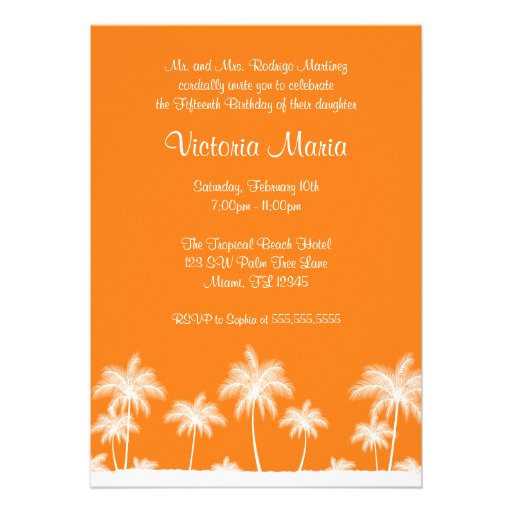 Orange Tropical Beach Palm Tree Quinceanera Party Custom Invites