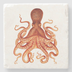 Orange Vintage Octopus Illustration Stone Coaster