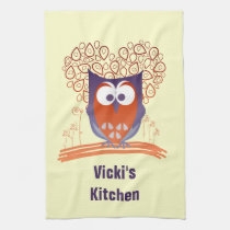 Orange Whimsical Cute Owl Kitchen Tea Towel kitchen towels