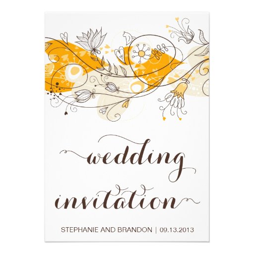 Orange Whimsical Hearts Flowers Wedding Invitation