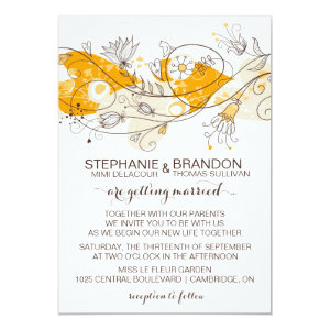 Orange Whimsical Hearts Flowers Wedding Invitation