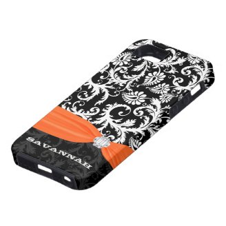 Orange & White Damask Printed Faux Rhinestone iPhone 5 Covers