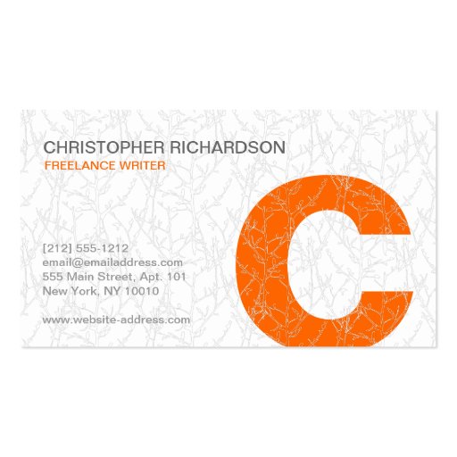 Orange & White Tree Branches Initial Business Card (front side)