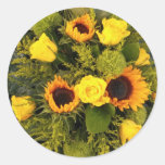Orange Yellow Sunflower Roses Floral Bouquet Classic Round Sticker