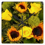 Orange Yellow Sunflower Roses Floral Bouquet Square Wall Clock