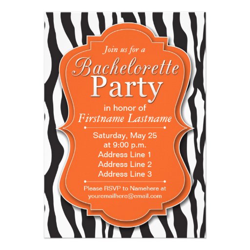 Orange Zebra Print Bachelorette Party Invitations