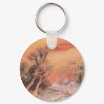 Orangey Sunset Over Snowy Countryside Christmas keychains by pinkalmond Orangey Sunset Over Snowy Countryside Christmas keychains