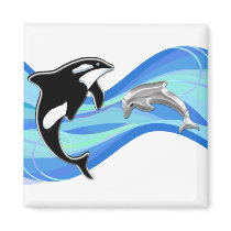 Orca and Dolphin in the Waves Fridge Magnet