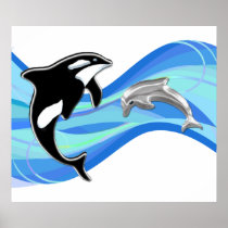 Orca and Dolphin in the Waves Print