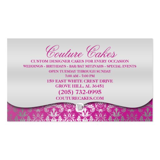 Orchid Cake Couture Glitzy Damask Cake Bakery Business Cards (back side)