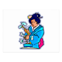 Oriental Lady Tending Flowering Bonsai Blue Post Card
