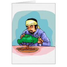 Oriental Man With Headband Trimming Bonsai Greeting Cards