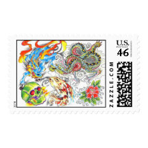 oriental skull koi postage stamp