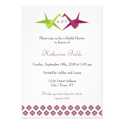 Origami Cranes (Purple / Lime) Bridal Shower Custom Invitation