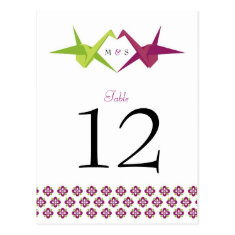 Origami Cranes Wedding Table Number Post Cards