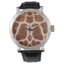 giraffe, animal, fur, pattern, wild, funny, nature, print, trendy, watch, cool, giraffes, unique, design, actual, detail, chic, classy, real, true, mammals, birthdays, best, gift, yellow, brown, vintage leather strap watch, [[missing key: type_ewatch_watc]] with custom graphic design